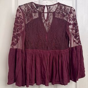 American Eagle Burgundy Blouse with Lace Bodice Long Sleeve Size Small